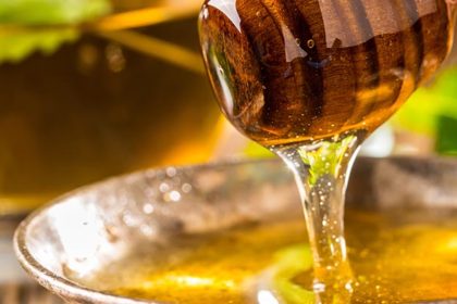 Honey. Honey and honey dipper on rustic oak table. Hot herb tea bee well honey